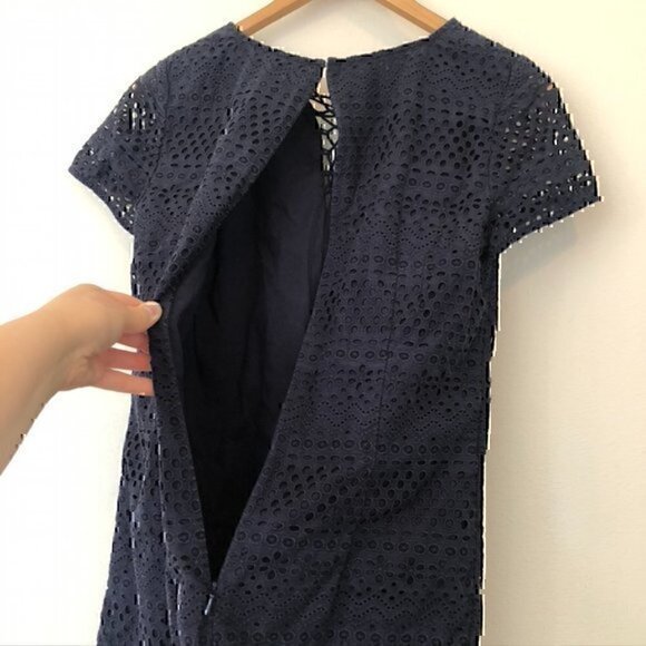 BROOKS BROTHERS Solid Navy Blue Eyelet Floral Lace Up 100% Cotton Shift Dress 2 - Picture 11 of 11